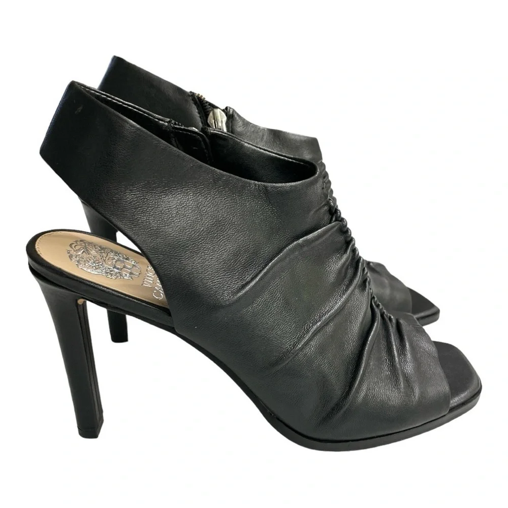 Vince Camuto Jenett Leather Rouched Front Slingback Heeled Booties Black 9 1/2M